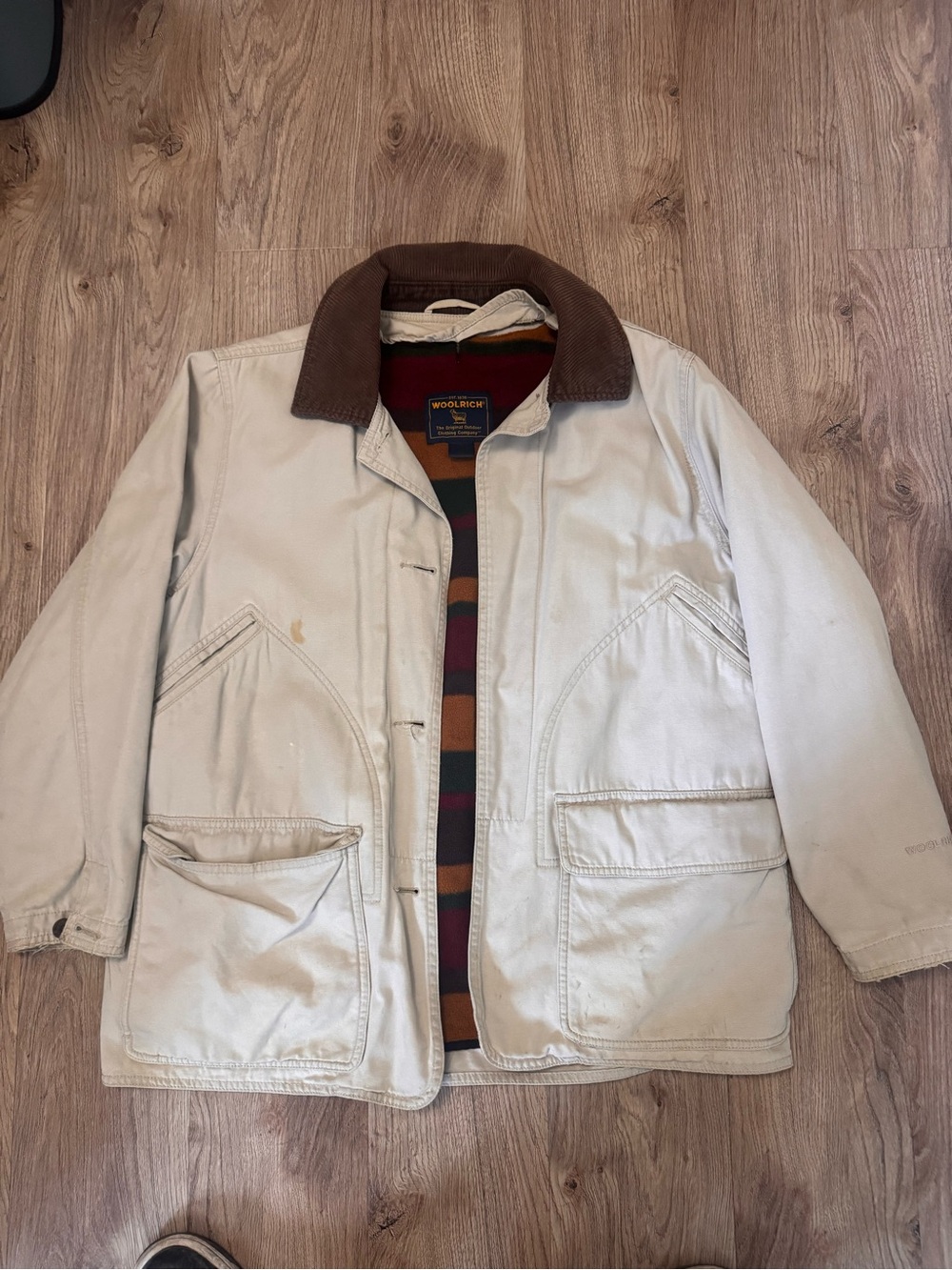 Woolrich Cream Canvas Field Jacket with Brown Cord Collar